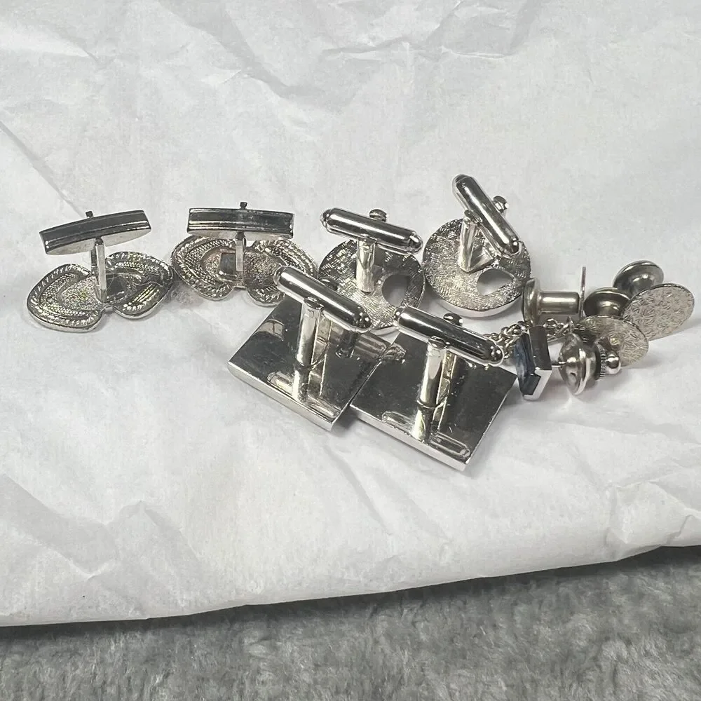 Vtg 70s Retro Silver Tone cufflinks and shirt studs prom gender neutral